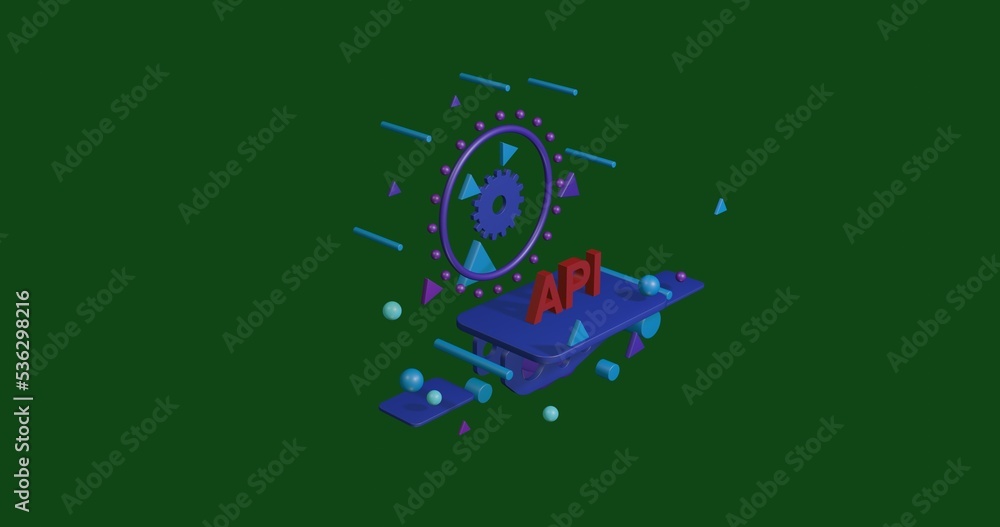 Poster red api symbol on a pedestal of abstract geometric shapes floating in the air. abstract concept art 