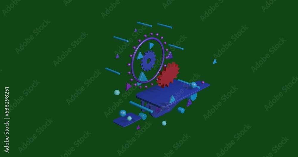 Poster red explosion symbol on a pedestal of abstract geometric shapes floating in the air. abstract concep
