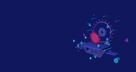 Pink sea urchin symbol on a pedestal of abstract geometric shapes floating in the air. Abstract concept art with flying shapes on the right. 3d illustration on indigo background