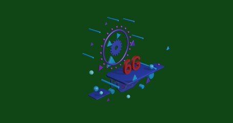 Red 6G symbol on a pedestal of abstract geometric shapes floating in the air. Abstract concept art with flying shapes in the center. 3d illustration on green background