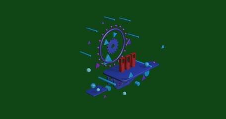 Red water game symbol on a pedestal of abstract geometric shapes floating in the air. Abstract concept art with flying shapes in the center. 3d illustration on green background