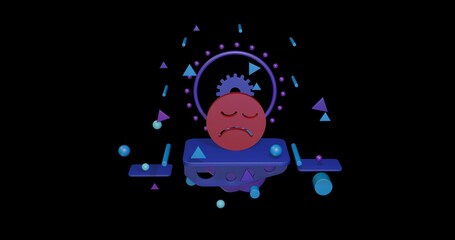 Red depression symbol on a pedestal of abstract geometric shapes floating in the air. Abstract concept art with flying shapes in the center. 3d illustration on black background
