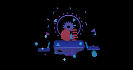 Red headlight symbol on a pedestal of abstract geometric shapes floating in the air. Abstract concept art with flying shapes in the center. 3d illustration on black background