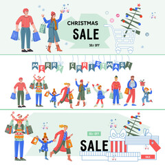 Christmas sale and discount advertising materials, posters or flyers mockups bundle for web and print, flat cartoon vector illustration. Promo Christmas and New Year sale banners set.