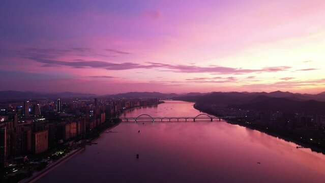 aerial view of qiantang river in hangzhou at sunset