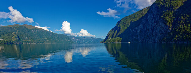 Low angle view of the Storfjord against cloudy blue sky near Molde in Norway