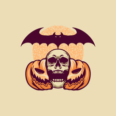 Skull Pumpkin And Bat Retro Illustration