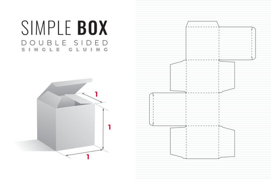 Simple Packaging Box Die Cut Double Sided Cube Template with 3D Preview - Editable Blueprint Layout with Cutting and Scoring Lines on Background - Draw Graphic Design