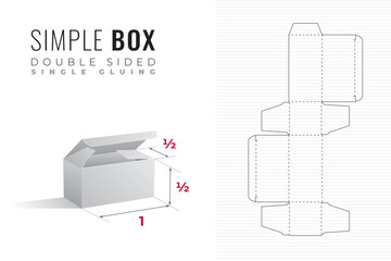 Simple Packaging Box Die Cut Double Sided Half Length and Height Template with 3D Preview - Editable Blueprint Layout with Cutting and Scoring Lines on Background - Draw Graphic Design