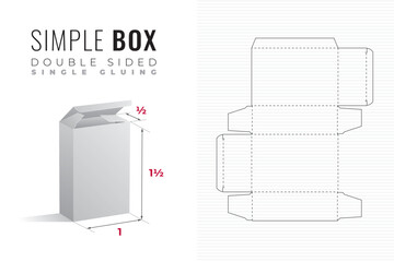 Simple Packaging Box Die Cut Double Sided Half Length One and a Half Height Template with 3D Preview - Editable Blueprint Layout with Cutting and Scoring Lines on Background - Draw Graphic Design