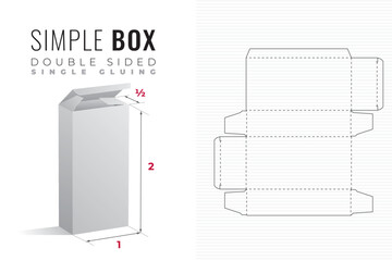 Simple Packaging Box Die Cut Double Sided Half Length Double Height Template with 3D Preview - Editable Blueprint Layout with Cutting and Scoring Lines on Background - Draw Graphic Design