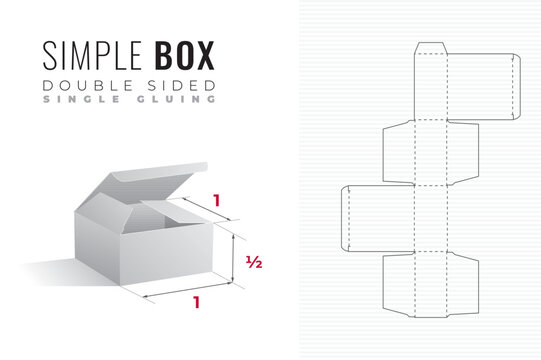 Simple Packaging Box Die Cut Double Sided Half Height Template with 3D Preview - Editable Blueprint Layout with Cutting and Scoring Lines on Background - Draw Graphic Design