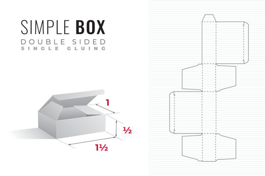 Simple Packaging Box Die Cut Double Sided One and a Half Width Half Height Template with 3D Preview - Editable Blueprint Layout with Cutting and Scoring Lines on Background - Draw Graphic Design