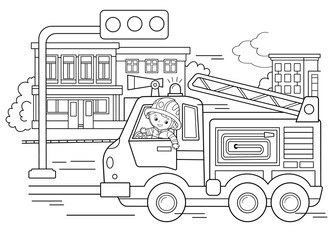 Coloring Page Outline Of cartoon fire truck with fireman or firefighter. Professional transport. Coloring Book for kids.