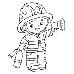 Coloring Page Outline Of cartoon fireman or firefighter with a megaphone or horn and fire extinguisher. Profession. Coloring Book for kids.