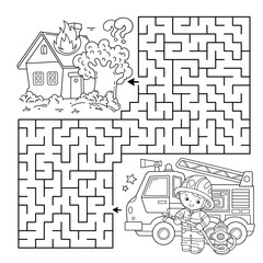 Maze or Labyrinth Game. Puzzle. Coloring Page Outline Of cartoon fireman or firefighter with fire truck. Fire fighting. Coloring book for kids.