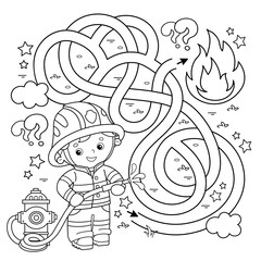 Maze or Labyrinth Game. Puzzle. Tangled road. Coloring Page Outline Of cartoon fireman or firefighter with  hydrant. Fire fighting. Coloring book for kids.