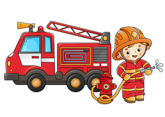Cartoon fire truck with fireman or firefighter. Fire fighting. Professional transport. Profession. Colorful vector illustration for kids.