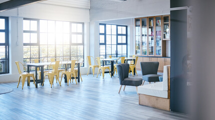 University, space and study lounge interior design for educational workspace with natural sunlight....
