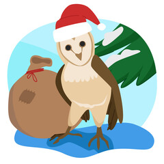 Owl wearing a Christmas hat with a bag of gifts at the background. Holiday illustration with fir branches covered with snow and a cartoonish bird. 