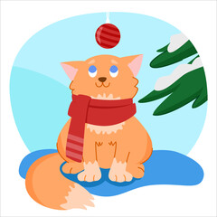 Ginger cat wearing a red scarf looking at a Christmas ball. Holiday illustration with fir branches covered with snow and cartoonish pet. 