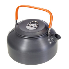 Photo of camping kettle water boiler with orange handle isolated on transparent background with clipping paths
