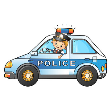 Cartoon policeman with car. Profession - police. Image of transport or vehicle for children. Colorful vector illustration for kids.