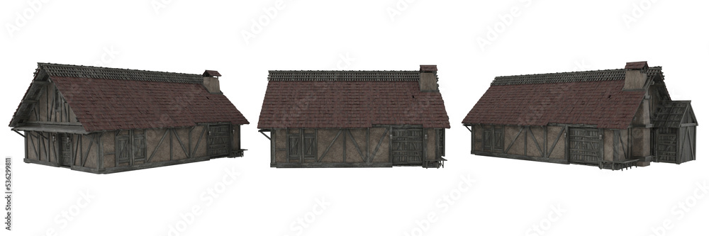 Poster old medieval stone and wooden framed house in daylight. 3d rendering, 3 views isolated.
