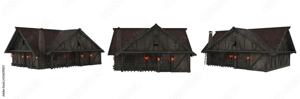 Poster timber and stone medieval house in evening light with lanterns lit. 3d illustration from 3 angles is