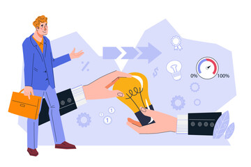 Business solution and advice to increase company profitability, profits from investment in stocks, flat vector illustration isolated on white background. Businessman looking for solutions and ideas.