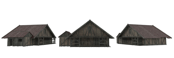 Naklejka premium Stone and timber framed medieval house. 3D illustration with 3 views isolated.