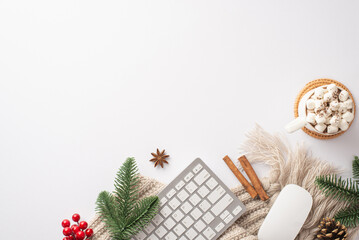 Christmas Day concept. Top view photo of keyboard computer mouse cup of cocoa pine cone fir branches cinnamon sticks mistletoe knitted plaid on isolated white background with empty space