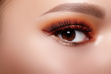 Closeup Macro of Woman Face with Bright Eyes Make-up. Fashion Celebrate Makeup, Glowy Clean Skin, perfect Shapes Brows