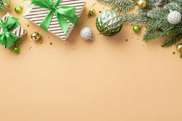 Christmas decorations concept. Top view photo of stylish gift boxes with ribbon bows gold white and green baubles balls confetti and fir branch in frost on isolated beige background with empty space