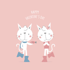Obraz na płótnie Canvas cute and lovely couple white cat with fish, happy valentine's day, love concept, flat vector illustration cartoon character costume design