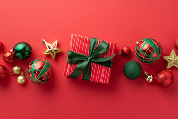 Christmas concept. Top view photo of stylish present box with ribbon bow star ornaments gold green and red baubles on isolated red background