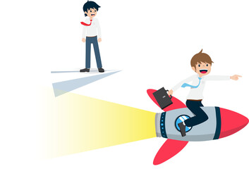 Salary man stands on a paper plane is overtaken by competitor sitting on the Rocket