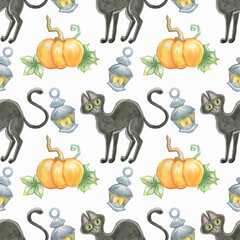 Watercolor seamless halloween pattern from black cat,pumpkin and lantern isolated on white background.Good for children textile,fabrics.