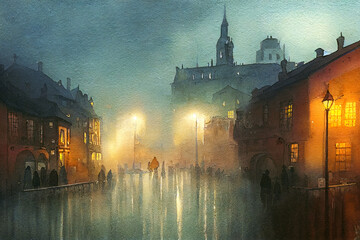 Rainy evening in an old town. Foggy square with lighted lanterns. Watercolor painting - 536301472
