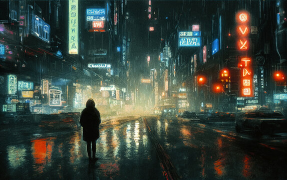 A lonely woman lost in the cyberpunk city in the night. Neon glow, rainy street. Digital artwork