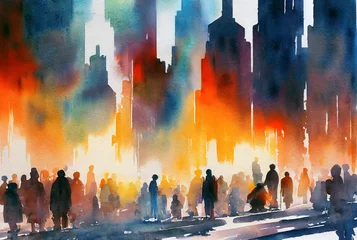 Wall murals Watercolor painting skyscraper A crowd of people standing on the street of the modern city with  skyscrapers. Watercolor illustration