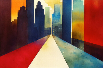 Watercolor painting of an avenue with skyscrapers. Abstract urban cityscape on the sunset - 536301624