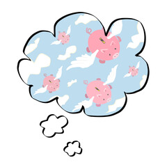 Pink flying piggy banks and clouds shown from above in a cartoon thought bubble. Concept to show people thinking that saving money in a cost of living crisis is very difficult and can only be a dream.