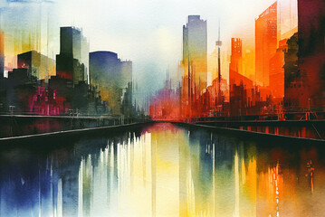 Watercolor painting of a metropolis. Urban cityscape, industrial landscape