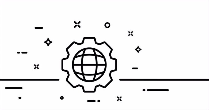 Navigation globes. Planet, worldwide, gear, satellite, map pointer, location, destination, travel. Geolocation concept. One line drawing animation. Motion design. Animated technology logo. Video 4K