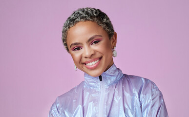 Smile, black woman and fashion influencer with in portrait with makeup in a pink studio background...
