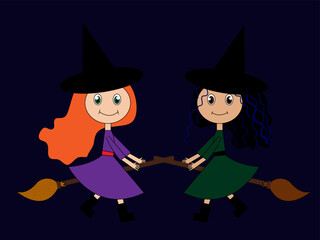 Image of two cute and cute witches with black and red hair on a broom