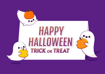 Happy halloween party greeting card with cute ghost. Holidays cartoon character. Trick or treat. Halloween funny cartoon.