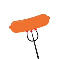 Sausage on a fork isolated on white background. Grilled sausage.