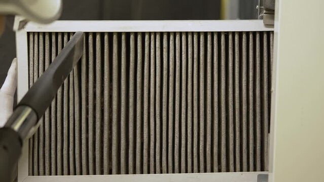 hvac filter replacing. Replacing the filter in the central ventilation system, furnace. Replacing Dirty Air filter for home central air conditioning system. Change filter in rotary heat exchanger